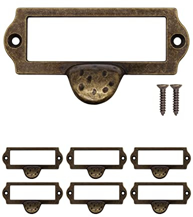 Fuxxer 6x Etiketten-Fenster Griffe, Apotheker-Schränke, 87x44 mm, Antik Bronze Design, 6er Set