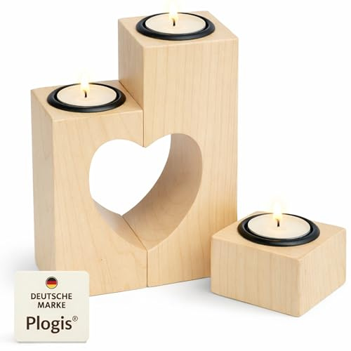 Muttertagsgeschenk für Mama – Teelichthalter Herz aus Ahornholz (3-teilig, 15 cm) – handgefertigter Kerzenhalter Holz, Geschenk Muttertag Deko Frauen