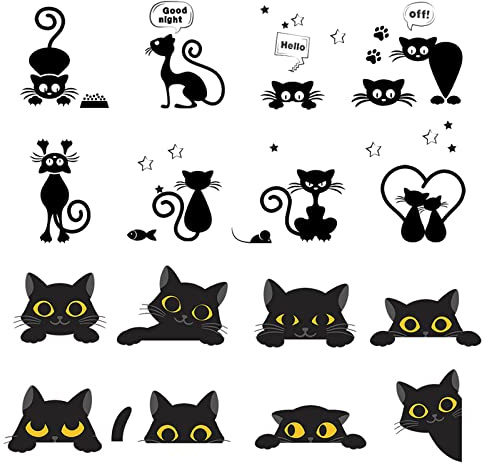 Etiquetas Engomadas del Interruptor de la Pared, Pegatinas para Interruptor de Luz de Gato, Calcomanías de Pared de Animales Divertidos para Dormitorio, Sala de Estar, Color Negro, 16 Unidades
