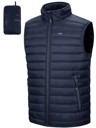 33,000ft Herren Packbare Steppweste Outdoor Gefütterte Hybrid Sportwesten mit Stehkragen Outdoorwesten mit 5 Taschen Übergangswesten für Männer Laufen Golf Wandern Reiten, Dunkelblau 2XL