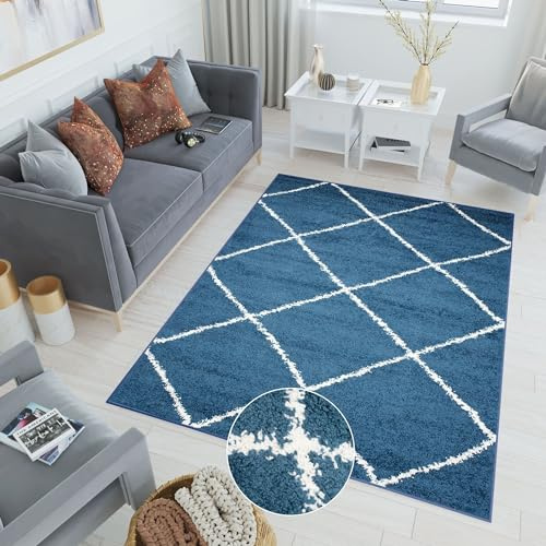 TAPISO Delhi Tapis Shaggy Poil Long Moderne Bleu Blanc Losanges Moelleux Tapis Salon Chambre Adulte Enfant Descente de Lit Moelleux Super Soft Epais Oeko-TEX 80 x 150 cm