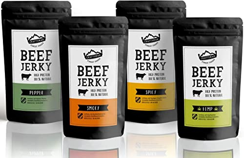 Craftsman Beef Jerky | Ohne Zucker | Set 4 x 250 g = 1 kg Probierpack | Aus Deutschland - Bayern | Dörrfleisch Mix | Protein 68% | Trockenfleisch | 100% Natürlich | Hanf Pfeffer Smoky Chili