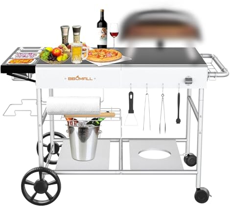 Pizza Oven Table Grill Cart with Pizza Topping Station Movable Food and Prep Workcart Outdoor Grill Table Stand for Ninja Woodfire Blackstone Griddle Cuisinart etc Grill