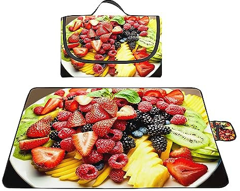 Picknickdecke 180x200cm,XXL Picknickdecke mit Wasserdichter Unterseite,Outdoor Stranddecke Sandfrei,mit Tragegriff Picnic Blanket für Camping,Strand,Familie,Konzerte Erdbeere Obst Lebensmittel