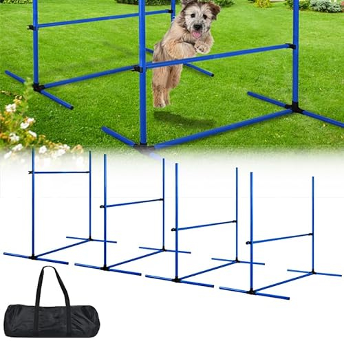 AufuN Hunde Agility Training Set, 4X Höhenverstellbare Hürden + Slalomstäbe inkl. Tragetasche, Professionelles Trainingsgerät für Hundeschulen & Heimgebrauch, 104x70x101 cm, Blau