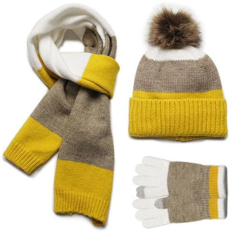 MAGIMODAC Jungen Mädchen Winter Mütze Schal Handschuhe gefütterte Strickmütze Beanie Winterschal Wintermütze 3 teiliges Set Gelb Braun