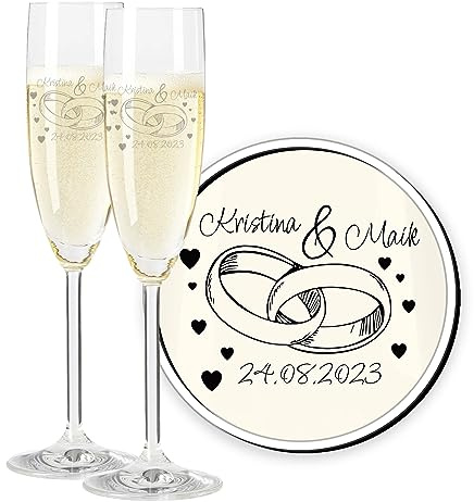 LEONARDO Daily Ringromance Hochzeitsgläser mit Gravur, personalisierbar mit Namen Wunschname Wunschtext, Sektgläser als Hochzeitsgeschenk für Brautpaar, 2er Set 215 ml