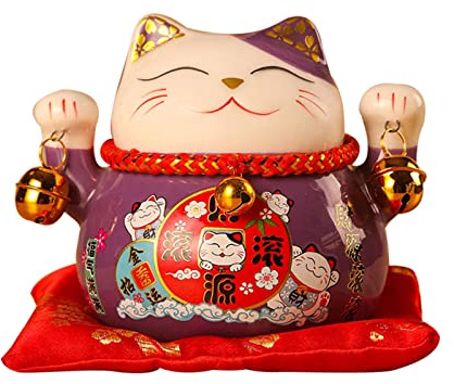 Tyenaza Gato Maneki Neko, Gato de La Suerte de Cerámica, Hucha Gato de la Suerte, 4,5 Pulgadas Gato de la Suerte Feng Shui Chino Figura Hucha, para Decoración del Hogar Regalos de Cumpleaños(Púrpura)