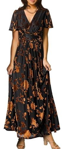 Simplee Apparel Women's Fall Wedding Guest Velvet Maxi Dress Burnout Floral Empire Waist V Neck Short Sleeve Long Formal Dress (Brown Floral M)