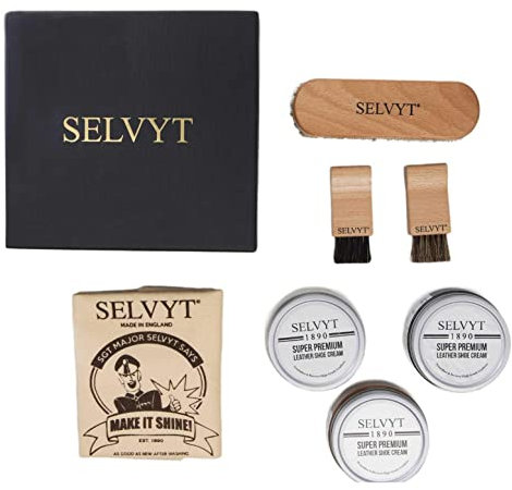 Selvyt 1890 SET T Shoe Care Kit Gift Box with Horse Hair Brushes, Cloth and Creams