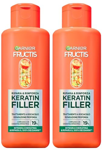 Garnier Fructis Keratin Filler Behandlung repariert und stärkt geschädigtes Haar, Formel mit Keratin, Reparatur, Spülbehandlung, Tiefenreparatur, 2 Flaschen à 200 ml