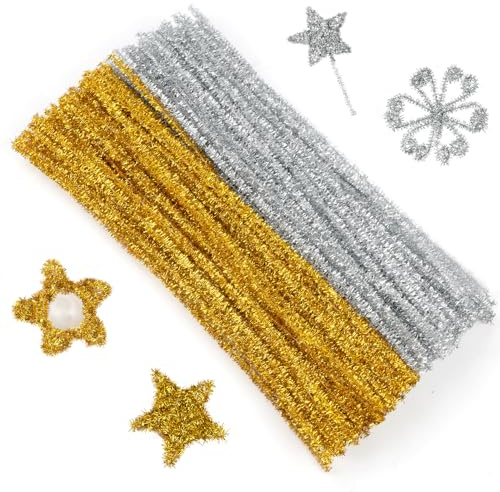 Ainiv 200 Stück Pfeifenputzer zum Basteln, Gold+Silber Glitzerdraht | Chenilledraht 30cm, Chenilledraht Biegeplüsch zum Basteln und Dekorieren für Kinder und Erwachsene