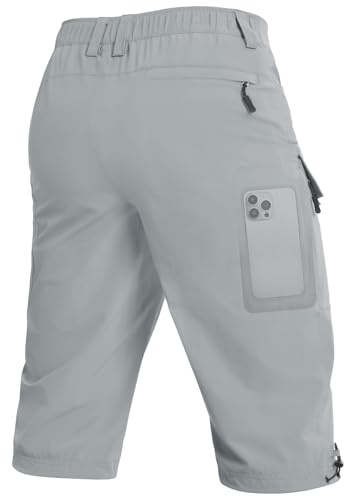 Moosehill 3/4 korta byxor-herrcargo-bermuda-utomhusshorts herr 6 fickor lätta vattentäta cargobyxor vandringsbyxor arbetsbyxor män kort Mtb utomhus sport sommar activewear shorts, LJUSGRÅ, L