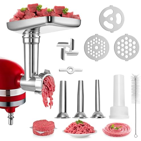 Youyijia Fleischwolf Aufsatz für KitchenAid Küchenmaschinen, Fleischwolf Zubehör inklusive 3 Wurstfüllrohre, 4 Mahlscheiben, 2 Messer, (Maschine/Mixer nicht enthalten)