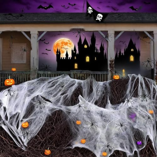ChunRun Halloween Spider Web Decoration, 60g Stretchable Cobweb with 30 Fake Spiders for Indoor Outdoor Porch & Yard Parties Haunted House Halloween Decor