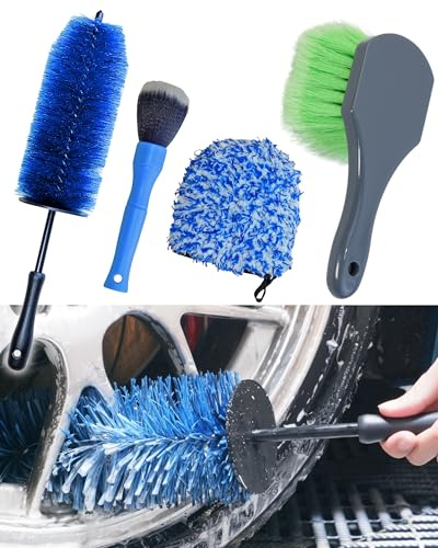 oesee Car Wheel Cleaning Kit: Wheel and Rim Flagged Tip Brush, Bendable Barrel Brush, Wheelie Mitt, Scratch-Free Detail Brush for Rims & Tires - Durable & Multipurpose Clean Wheel Hard to Reach Areas