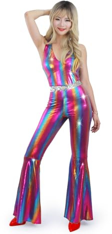 Muztagata Disco-outfit 70-talet 80-talet bal gnistrande utsvängd overall festkostym halloween cosplay för vuxna kvinnor-medium