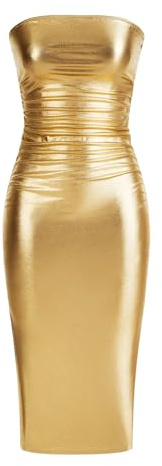 SOLY HUX Sexy Faux Leather Dress for Women Bodycon Strapless Party Club Midi Long Tube Dresses Pure Gold Large