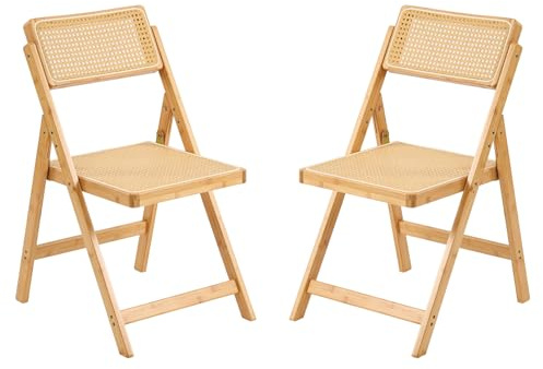 Furlide Rattan Folding Chairs, Modern Mid Century Dining Chairs Set of 2, Outdoor Bamboo Chair for Bedroom Living Room Reading Room Dining Kitchen, Wood