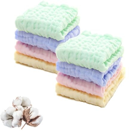 Cubble Pack of 8 Muslin Baby Washcloths – 6-Layer, 100% Cotton 30x30 cm Reusable Towels, Ultra-Soft, Absorbent & Reusable for Newborns and Toddlers, Washcloth, Burp Cloth