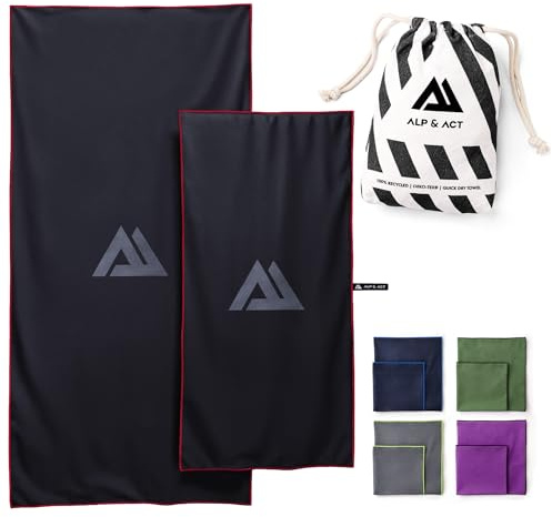 ALP & ACT Toallas de Microfibra Set de 2-100% recicladas - Extra COMPACTAS y ultraligeras - 150x70 cm + 100x50 cm - Toalla de Viaje, de Playa y para Deporte - Paños Incluye Bolsa - Negro