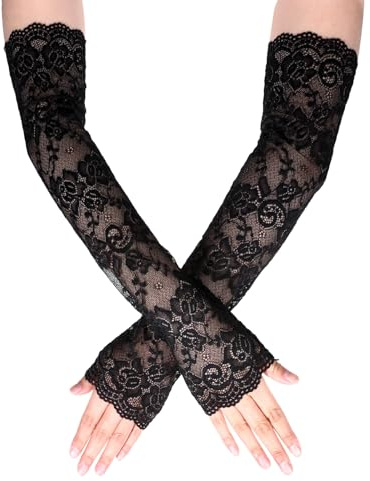 Aeaocvo Long Lace Sleeves for Women, Black Fingerless Lace Gloves for Wedding Opera Tea Party