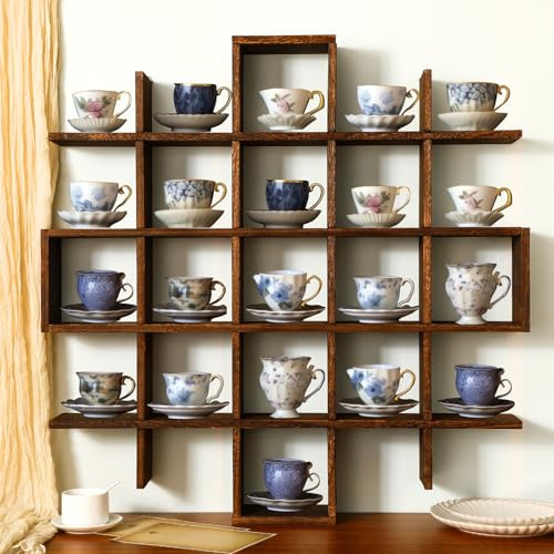 Suzi Regal für Teetassen und Untertassen, rustikales braunes Holz, schwebendes Kurio-Regal, Reise, Wandmontage | Schwimmendes Curio-Display mit Kaffeetassen, Wandmontage, Organizer in Küche, Bar, Bauernhaus-Dekor, Zubehörhalter