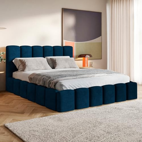 MOTIVENA Nunu Bubble Bett 180x200 Blau Samt, mit Stauraum, mit Kopfteil, mit Lattenrost, ohne Füße, ohne Matratze, Bubble Polsterbett 180x200 mit Bettkasten Blau (Dunkelblau)