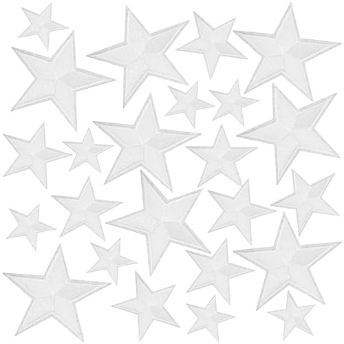 Gosknor 24stk Aufnäher zum Aufbügeln Stern, 3 Größen Polyester und Baumwolle Bestickte Stern-Aufnäher Applikationen Aufnähen Perfekte Dekorationen Accessoires für Kleidung Hosen Hüte Hemden(Weiß)