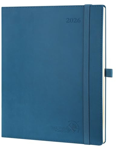POPRUN Kalender 2026 Vertikal 26,5 x 21,5 cm, Mjukt Omslag, Planner 2026 med Månadsflikar, Veganläder och 100 GSM Tjockt Papper, Nattblå