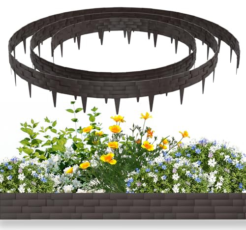 NAIZY Rasenkante Kunstoff 10 m Beeteinfassung Steinimitatziegel, Beeteinfassung mit Stifte Mähkante biegbarer schneibar Natürlich Gartenpalisade 100x20cm/Stück Beetzaun, Braun