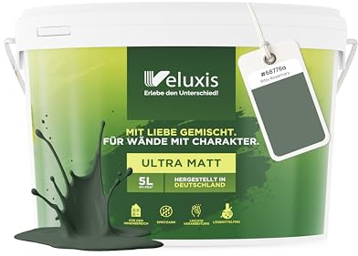 Veluxis Wandfarbe Grün Grau Salbeigrün matt 5 L – Ritzy Rosemary | Innenfarbe mit Deckkraft Klasse 1, VOC-frei, ohne Grundierung, tropfarm, für Wohnzimmer und Schlafzimmer