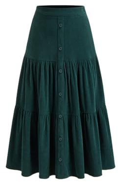 CIDER Corduroy Maxi Skirt with Buttons - Women Fall Tiered Long A-Line Midi Pocketed Casual Green
