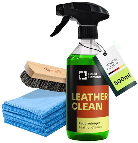 Liquid Elements Leder-Set, Leather Clean 500ml + Tuch & Bürste | Sanfte Lederreinigung für Auto, inkl. 5x Value Microfasertuch, Leder- & Textilbürste