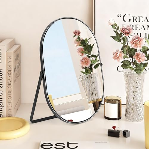 Caossuixin Makeup Mirror with Metal Frame, Desk Oval Mirrors 12.2*8.8 in, Portable 360°Swivel Adjustable Vanity Table Mirror with Stand, Single-Sided for DressingTable,Desktop,Shaving,Bedroom,Bathroom