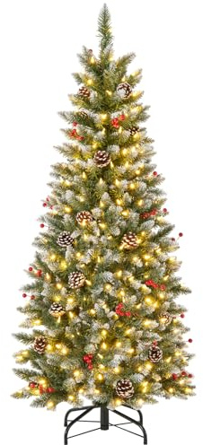 COSTWAY 5 FT/6 FT Pre-Lit Slim Pencil Christmas Tree, Snowy Artificial Xmas Tree with 408/618 Branch Tips and LED Lights, Indoor Festive Decoration Tree (Green+White+Red+Brown, 150 cm)
