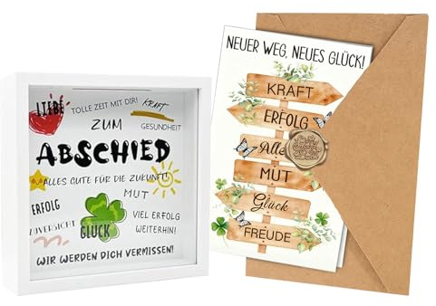 Abschiedsgeschenk für Kollegen m. Sparbox, Siegelwachs & Klappkarte | Enthält Sparbox & Briefumschläge, Mit Siegelwachs und Klappkarte