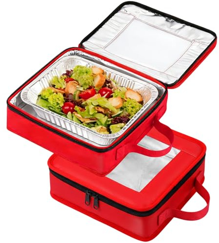 Ferrochef 2 Pcs 9x9 Inch Foil Pan Carrier with Lid Aluminum PU Leather Foil Pan Holder with Handle Serving Tray for Food Stackable Baking Sheet Holder for Travel Dining Party Barbecue Picnic Home Red