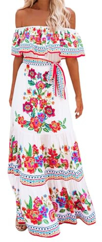 lozssnigzi Robe Longue Femme | Mexicaine Traditionnelle | Épaules Dénudées | Jupe Ample | Imprimé Floral Rouge | Bohème Chic Été