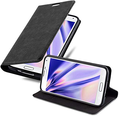 Cadorabo Hülle kompatibel mit Samsung Galaxy S5 / S5 NEO aus Kunst Leder Flip Klappbare Stoßfeste Magnetische [Standfunktion] [Kartenfächern] Cover Hülle für Galaxy S5 / S5 NEO Tasche in Schwarz