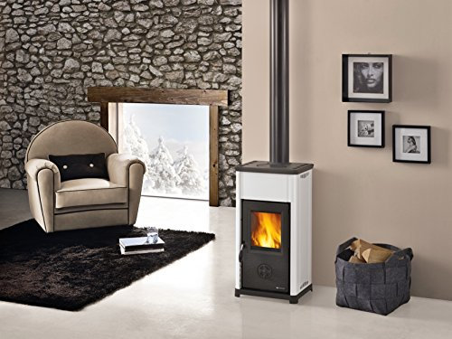 STUFA TEA BIANCA Poêle en Acier Porcelainé et Fonte Blanc Bois, Charbon Haute Efficacité Montage Autonome pour Espaces jusqu'à 75.6 m²