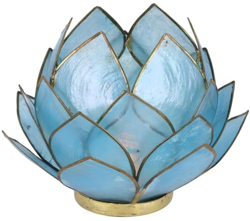 Lotus Teelicht Muschel aus Muschelscheiben, 14x10 cm, himmelblau | Dekoratives Lichtobjekt für drinnen und draußen, schafft besinnliche Atmosphäre.