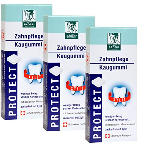 BADERs PROTECT Zahnpflege-Kaugummi aus der Apotheke. Weniger Zahnbelag, weißere Zähne. Zuckerfrei mit 100% Xylit. 3 x 20 Kaugummi-Quadrate