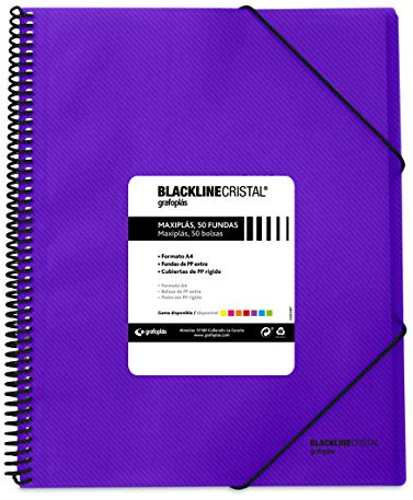 Grafoplas 39835235 Carpeta Fundas A4, Cubiertas de Polipropileno Rayado, 50 Fundas, Color Violeta, Maxiplás Blackline Cristal