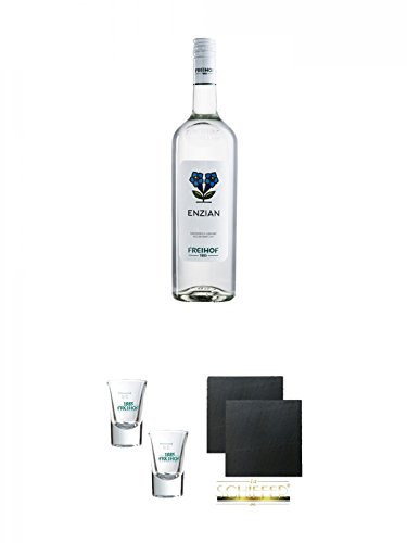 Freihof 1885 Enzian 1,0 Liter + Freihof Stamperl Glas 2cl 2 Stück + Schiefer Glasuntersetzer eckig ca. 9,5 cm Ø 2 Stück