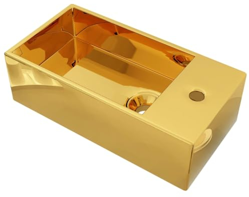 vidaXL Lavabo con Rebosadero Baño Servicio Fregadero Piezas de Fontanería Bricolaje Instalación Decoración Aseo Grifería 49x25x15 cm Cerámica Dorado