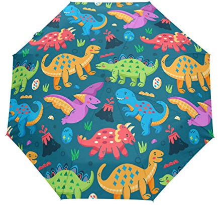 Süßer Bunter Dinosaurier Regenschirm Auf-Zu Automatik UV-Schutz Taschenschirm Winddichter Umbrella Klein Leicht Schirm Kompakt Schirme für Jungen Mädchen Reise Strand Frauen