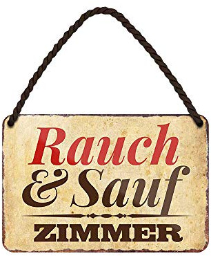 Rauch & Sauf Zimmer Blechschild - Metallschild mit Kordel und Saugnapf - Retro Deko Schild - Wanddeko oder Türdeko für Partykeller Bar Kneipe Man Cave - Geschenk für Raucher und Säufer - 18x12cm