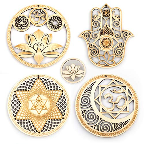 5.31 Sacred Geometry Wall Art 4 PCS Set, (Sacred Lotus, Hamsa Hand, Soul Star, Union Sun Moon) Crystal Grid Meditation Chakra Wooden Wall Art Yoga Decor Spiritual Gifts