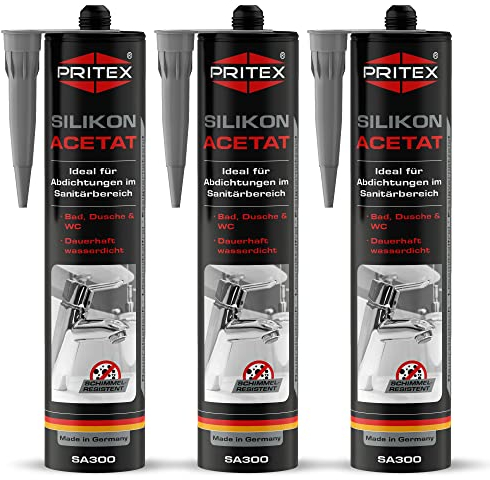 PRITEX – Sanitär Silikon grau 3x 300 ml zum Abdichten & Verfugen – Acetat für Bad, Dusche & WC – wasserdicht, langlebig & schimmelresistent – Fugendichtmasse mit sehr guter Haftung